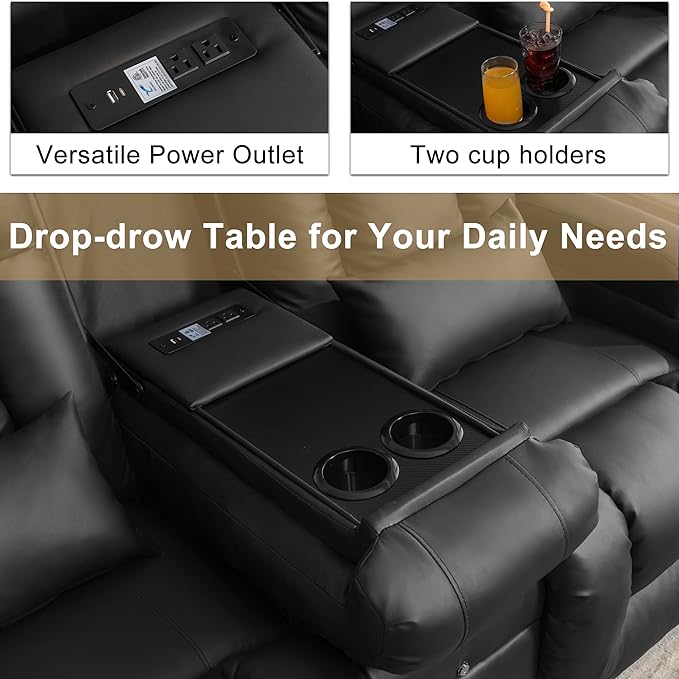 URRED Loveseat Recliner Sofa with Massage and Heat, Power Reclining Loveseat Sofa RV Couch with Console, Home Theater Seating with LED Lights, Bluetooth Speakers, USB, Outlets, Faux Leather, Black | Wall Hugger, Double Recliner, Zero Gravity, Full Body...
