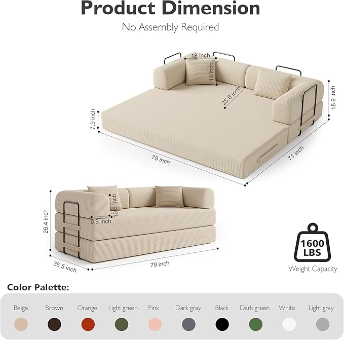 79 Inch 5-in-1 Convertible Sofa Bed, Corduroy Boneless Floor Couch with Fixed Frame & Pillow, Modular Folding Mattress Lounger for Small Space, Living Room, Bedroom - Easy Assembly(Beige)
