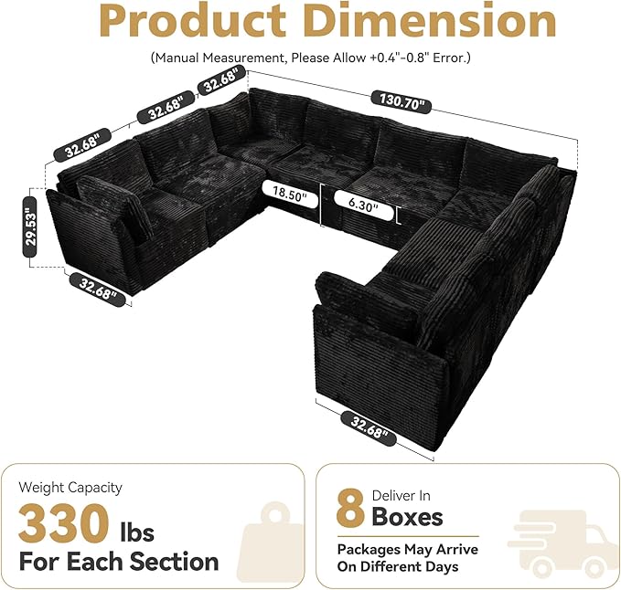CAODOC Large 8 Seat Modular Sectional Sofa with Ottoman Seat Corduroy Sleeper Sectional Sofa Bed Oversized Convertible Modular Couch for Living Room