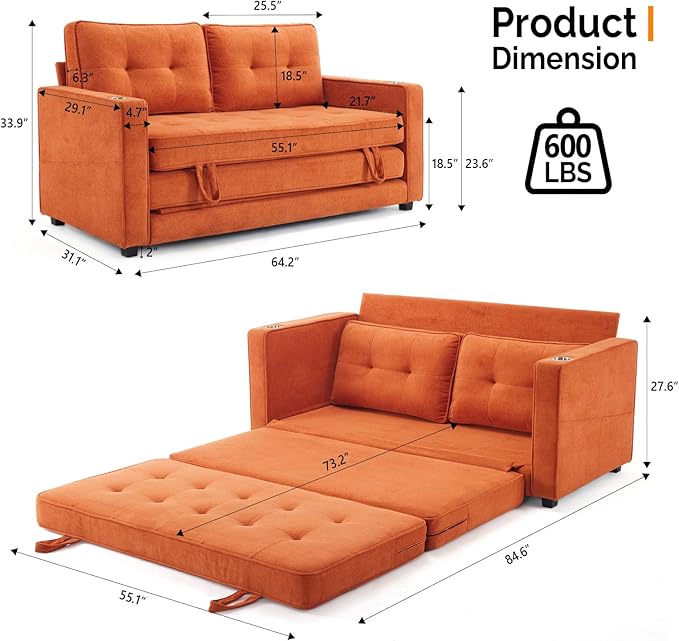 VINGLI Sofa Bed Full Size Pull Out Couch Bed Burnt Orange Futon Couch 64" W 84" L Loveseat Sleeper Floor Couches for Living Room Convertible Loveseat Sofa Foldable Sofa Bed