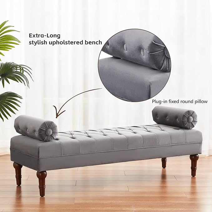 60.2" End of Bed Bench,Large Size Velvet Bench for Bedroom,Upholstered Window Bench with Button-Tufted,Entryway Bench,Storage Bench for Living Room(Gray)