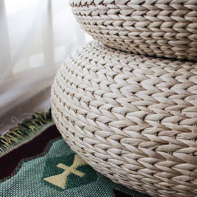 Handwoven Banana Leaf Pouffe Chair - Round Floor Seat with Padded Cushion for Comfort - Eco-Friendly Seating Solution for Home Decor and Relaxation