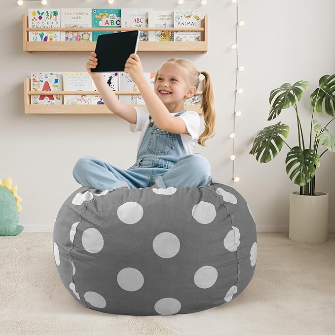 COMAX Bean Bag Chair for Kids, Kid Beanbag Chair Cute, Cotton Canvas Lazy Chair with Shredded Foam Filling, Stuffed Floor Sofa Couch for Boys and Girls, Grey Dots
