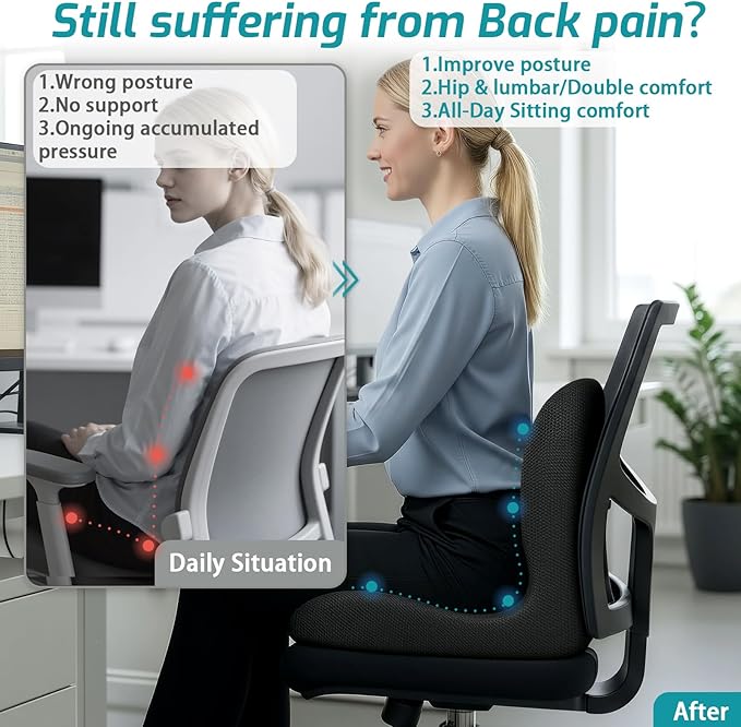 Memory Foam Seat Cushion,Office Chair Cushion with Lumbar Support for Back Pressure Relief,Sciatica,Car Seat Cushion with Adjustable Strap,Hip Pad Cushions for Car,Truck,Desk (D-Black+Mesh Cloth)
