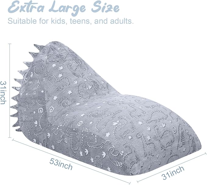 COMAX Dinosaur Bean Bag Chairs for Kids 8-12, Large Kid Beanbag Chair with Filler, Big Toddler Lounge Bean Chair, Children Lazy Floor Lounger for Girls Boys, Glowing Dino