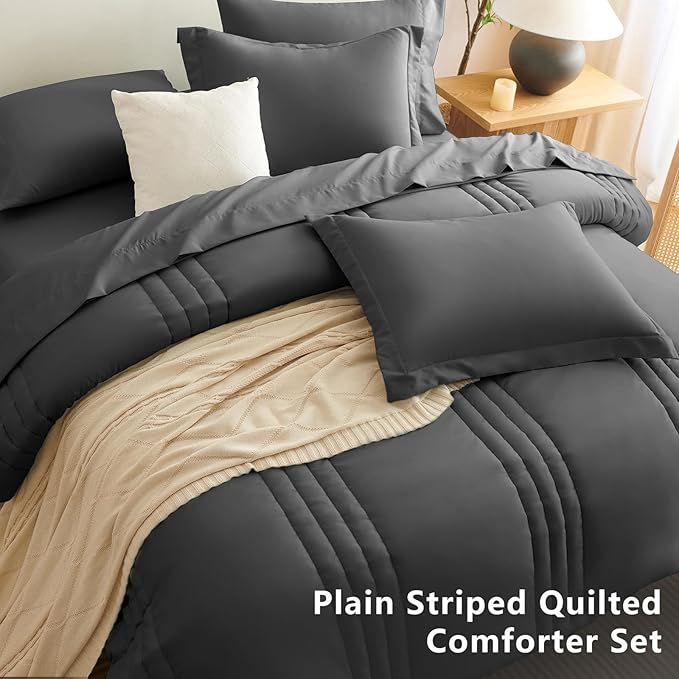 CozyLux Queen Size Comforter Sets - 7 Piece Bed in a Bag Dark Grey Comforter Set with Sheets Queen Bed Set All Seasons, Bedding Set with Down Alternative Comforter, Sheets, Pillowcases & Shams