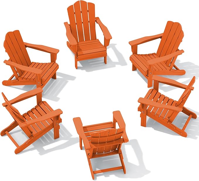 KINGYES Folding Adirondack Chair Set of 6, HDPE All-Weather Folding Adirondack Chair, Orange