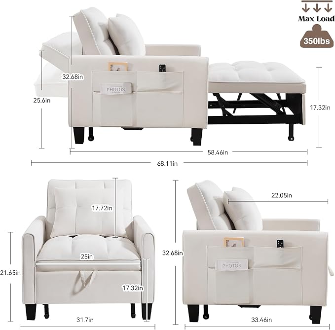 choairy Convertible Sleeper Chair, 3 in 1 Sleeper Chair Bed Pull Out Sofa Bed Chairs, Velvet Single Sofa with Adjustable Backrest for Adults Reading Living Room, Bedroom, Beige