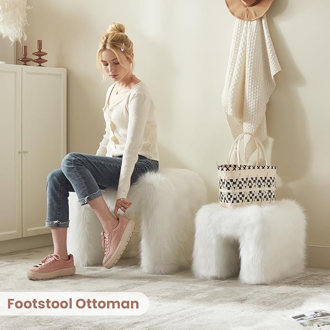 Ottoman Set of 2 Small Footstool Ottoman Vanity Stool Chair Faux Fur Seating Backless Modern Foot Rest Furry for Makeup Room Living Room Bedroom Entryway,White (2-in-1)