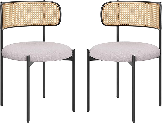 Farini Dining Chairs Set of 2,Mid-Century Modern Kitchen Chair Rattan Backrest Round Upholstered Sherpa Dining Chairs with Metal Legs,Light Grey