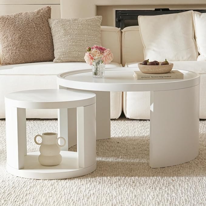FAME HOME Round Nesting Coffee Table Set of 2,31.5" Large & 18" Small Low Tables with Wood Look Top,Space-Saving Side Tables for Living Room,Bedroom,Office,Minimalist Center Table Set (White, L+S)