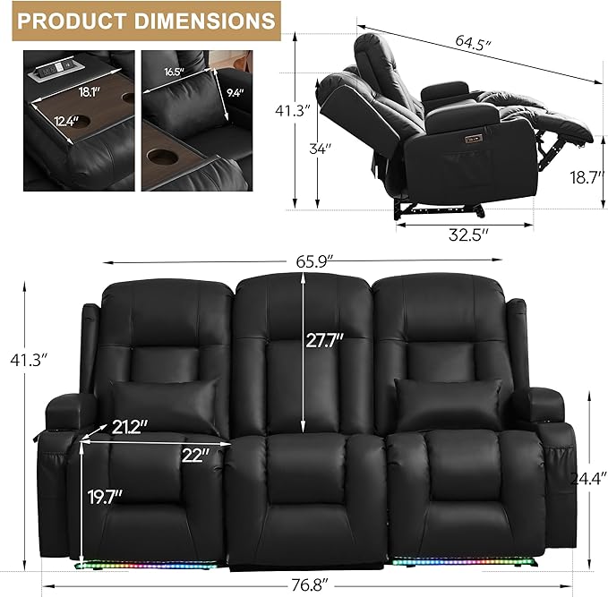 URRED Loveseat Recliner Sofa with Massage and Heat, Flip Middle Backrest Design 3 Seat Power Reclining RV Sofa Couch, Home Theater Seating with LED Lights, USB Ports, Outlets, Faux Leather, Black