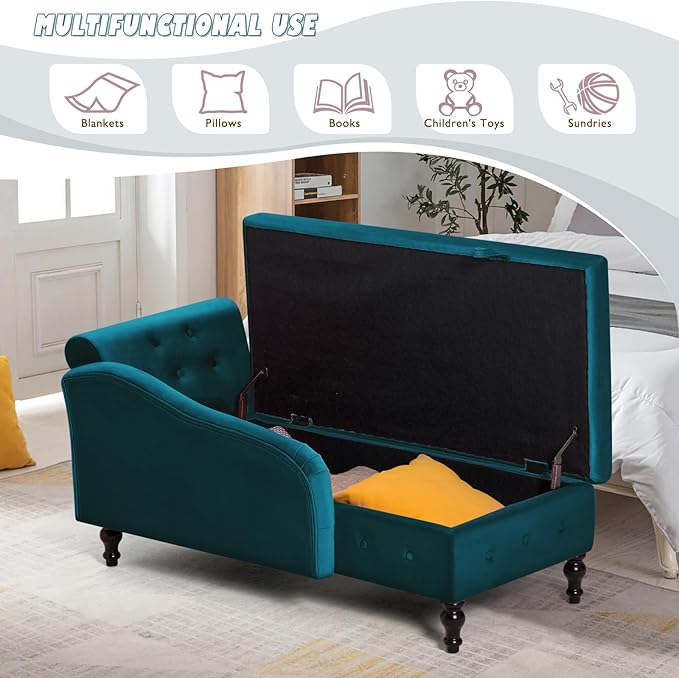 ACMEASE Upholstered Chaise Lounge with Left Armrest & Lumbar Pillow,Button Tufted Lounge Sofa with Storage,Lounge Chair Indoor,Modern Velvet Lounge Chair for Bedroom, Living Room and Office,Teal