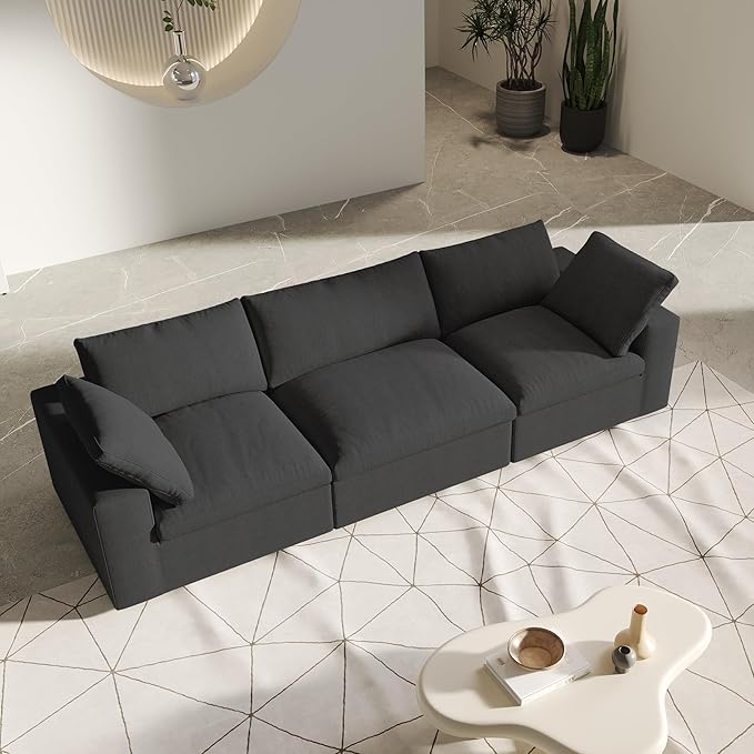 3 SeaterCloud Sectional Couch, Black Modular Sectional Sofa, Modern Comfy Sofa, Covers Removable, Convertible Sleeper Couch for Living Room Apartment (Linen Fabric)