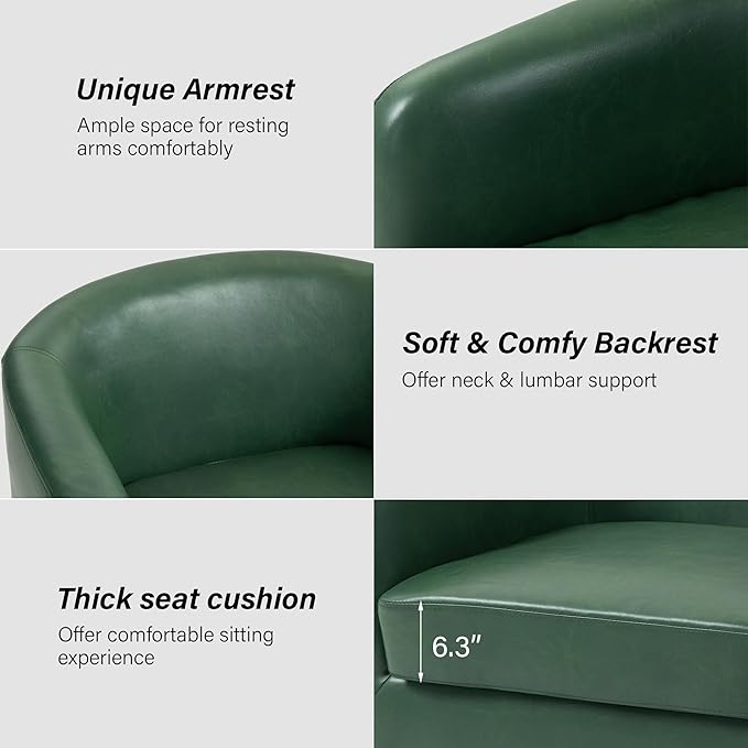 Swivel Barrel Chair, Modern Round PU Leather Accent Armchair for Living Room, Bedroom, Oversized Comfy Club Reading Chairs for Adults (Leather Green, Set of 2)
