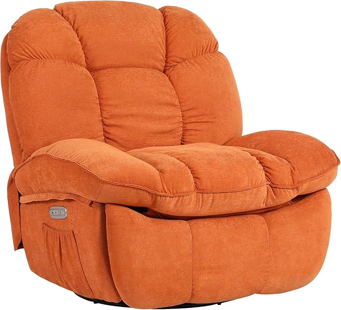 EDWELL Massage Swivel Recliner Chair, Oversized Rocker Recliner with Heated, Vibration Massage and Lumbar Heat Ergonomic Rocker Chair for Adults with Side Pocket, USB Charge Port, Orange