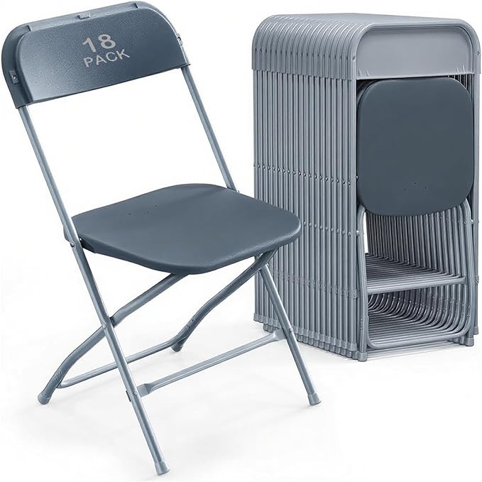 18 Pack Gary Plastic Folding Chair, Indoor Outdoor Portable Stackable Commercial Seat with Steel Frame 350lb. Capacity for Events Office Wedding Party Picnic Kitchen Dining