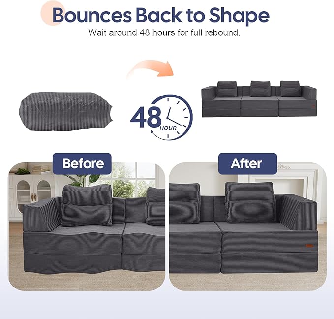 COMAX Futon Sofa Bed 3 Seater, 106" Convertible Sofa Bed Couches for Living Room, 4 in 1 Folding Boneless Sleeper Corduroy Couch Foam in a Box, Comfy Foldable Lounge Fold Out Floor Mattress, Grey