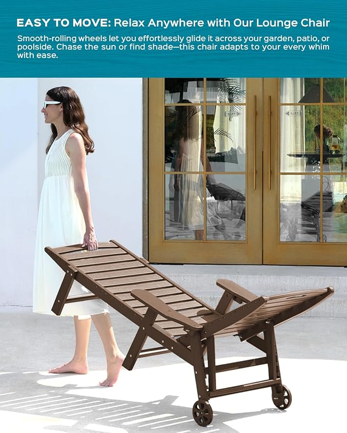 Ciokea Outdoor Lounge Chair HDPE Chair with Rolling Wheels & Cup Holder, 5 Position, Deck, Pool, Dark Brown