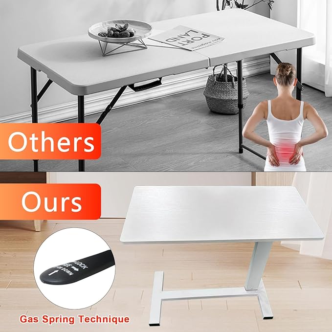 Overbed Table with Swivel Hidden Wheels Adjustable Height, Pneumatic Mobile Standing Desk Laptop Bedside Table Multi-Purpose for Home and Hospital Use (White)