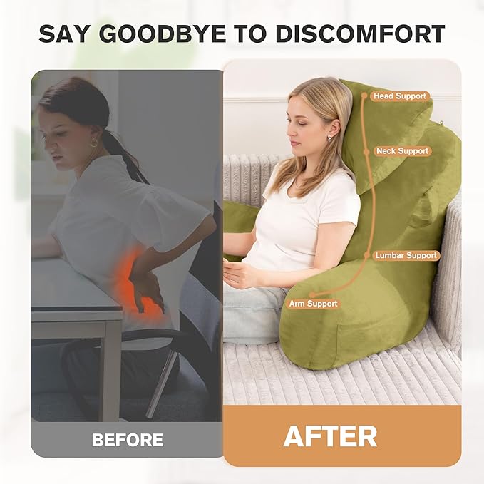 Unisakey Portable Reading Pillows with Headrest for Bed Sitting Up(Pale Green Oeko-Tex), Velvet Back Pillow with Arms & Pockets for Adults, Support Memory Foam Bed Pillow for Dorm/Watching/Gaming