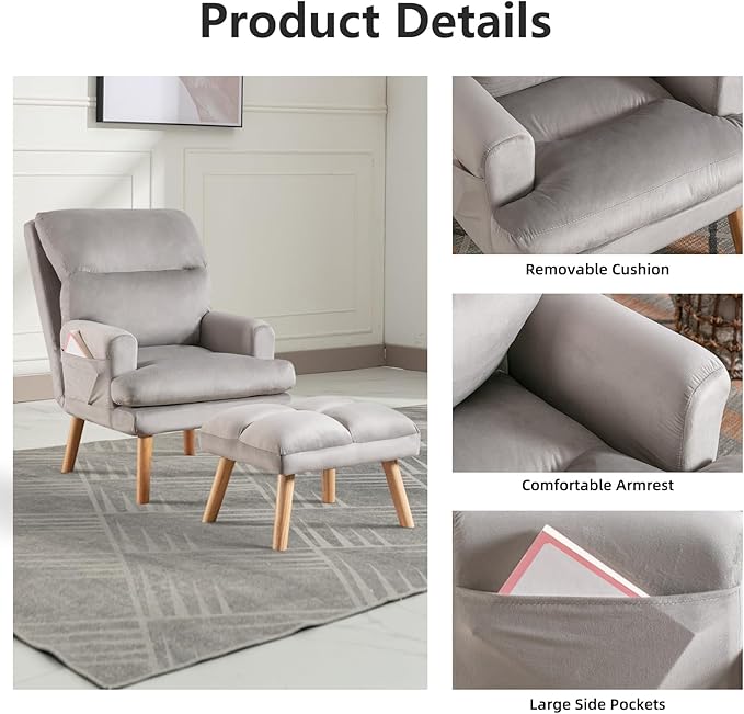 IOMOR Accent Chair with Ottoman, Velvet Fabric Chair Armchair with Adjustable Backrest and Side Pockets, Mid Century Arm Chair with Ottoman for Living Room, Bedroom, Teen Room, Light Grey