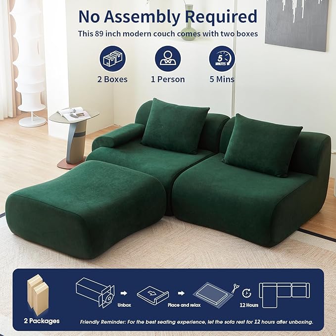 Boneless Couch for Living Room-114 Green Cloud Couch with Movable Ottoman,L-Shaped Comfy Sofa for Bedroom,No Assembly Required,Low -Profile Sofa