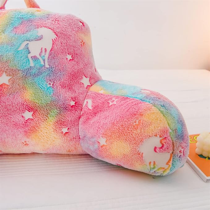 Holawakaka Glow in The Dark Unicorn Reading Pillow for Sitting up in Bed Sofa Kids Teens, Luminous Stars Backrest Pillow with Arms for Boys Girls, Back Support Cushion for Couch Floor Nursery Playroom