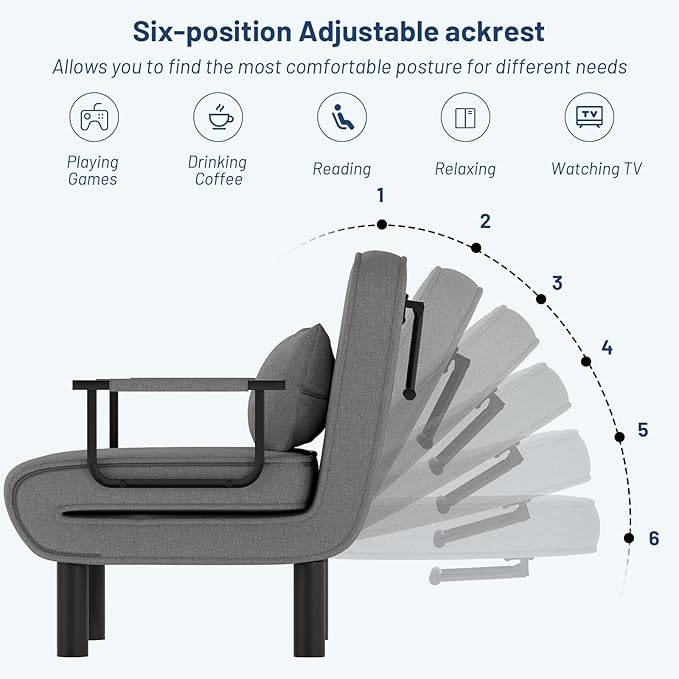 Furniliving 4 in 1 Folding Sofa Bed Chair, Convertible Sleeper Chair Bed with 6-Position Adjustable Backrest, Upholstered Chaise Lounge with Pillow, Accent Chairs for Bedroom/Office, Linen, Darkgrey