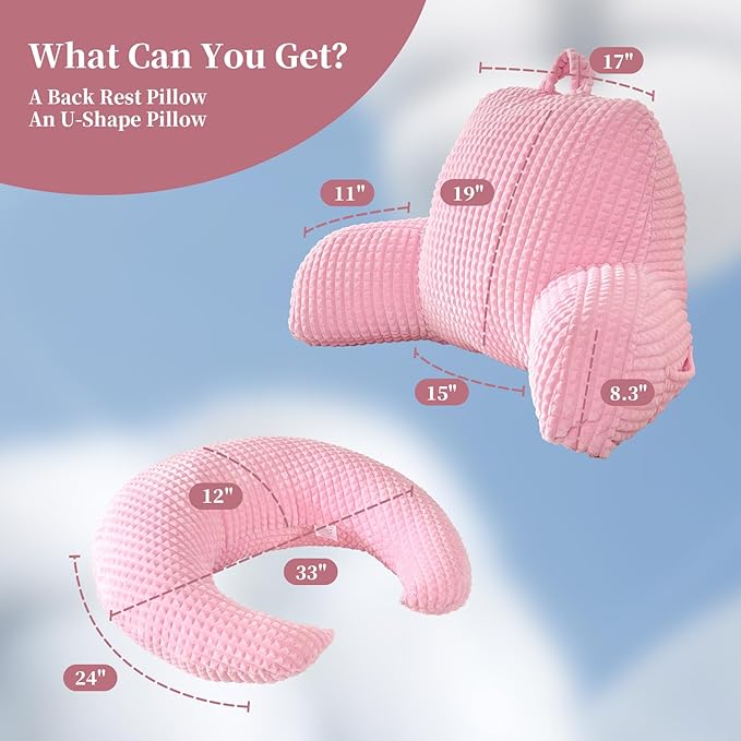 PAJEO Reading Pillow for Bed,U Shaped & Back Support Pillow for Bed,19" Backrest with Lumbar & Arm Support,Comfy Flannel Fabric,Lap Pillow for Gaming/Reading/Watching TV,Pink