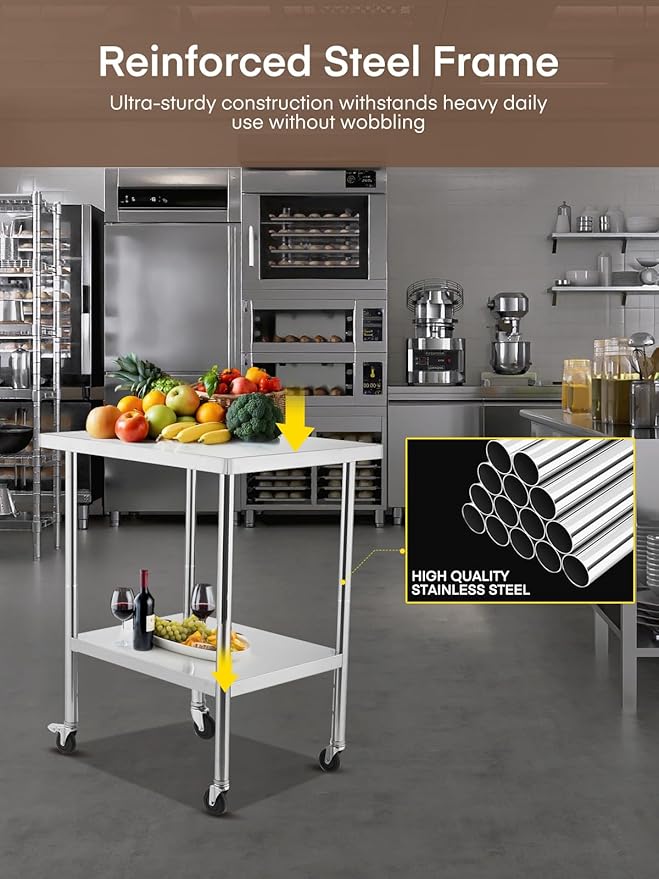 Stainless Steel Table for Prep & Work, with Caster Wheels, Two with Brakes, Metal Table for Commercial Restaurant, Warehouse and Hotel (24 x 30 Inches)