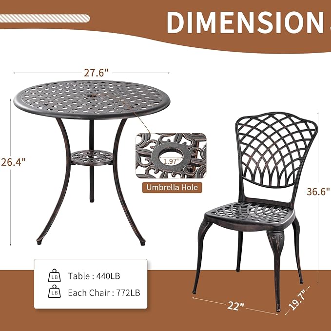 Withniture Bronze Patio Bistro Set - 3 Piece Outdoor Cast Aluminum Furniture, Large Table & Chairs, Weather Resistant, Adjustable Foot Pads, Umbrella Hole