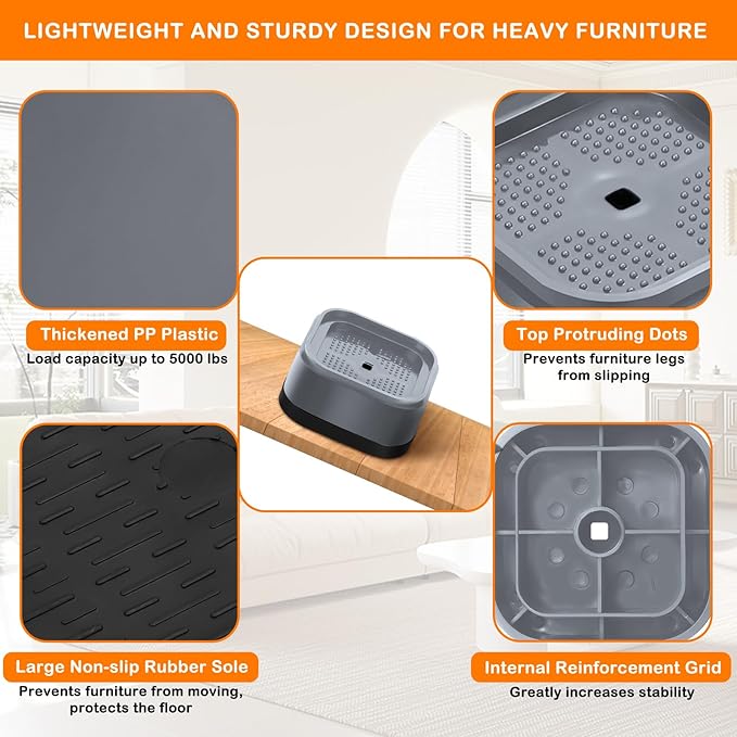 shouwuhho 9 Pack Furniture Risers Adjustable Bed Risers Heavy Duty Lifts Height 1", Square Stackable Bed Risers 1, 2 or 3 Inch for Desk Leg Table Couch Sofa Chair Bed Frame Legs Dorm, Gray