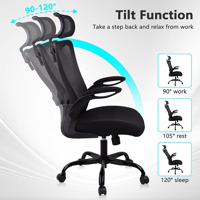 CLATINA Heavy Duty Ergonomic Mesh Office Chair 400LBS, Big and Tall Desk Chair with Adjustable Lumbar Support & Headrest, Flip Up Padded Arms, Swivel Computer Chair for Home, Conference, Black, 2 PACK