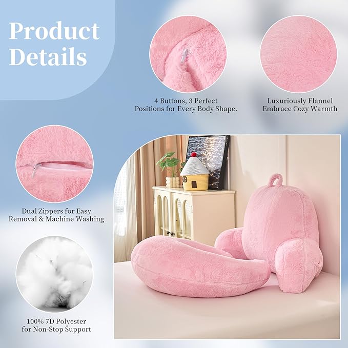 PAJEO Reading Pillow for Bed,U Shaped & Back Support Pillow for Bed,17" Backrest with Lumbar & Arm Support,Luxurious Faux Rabbit Fur,Gaming PillowFor Crochet/Reading/Watching TV,Pink