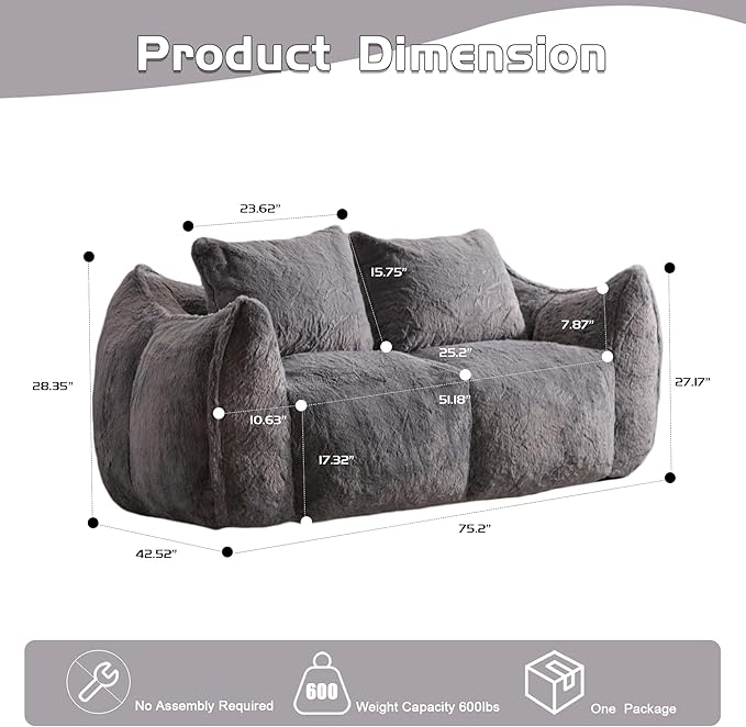 KEIKI Giant Bean Bag Couch for Adults, Oversized Loveseat, 2 Seater Fireside Chair, Comfy Lazy Floor Sofa, Cozy Reading Chair with Pillows for Living Room, Bedroom, No Assembly Required