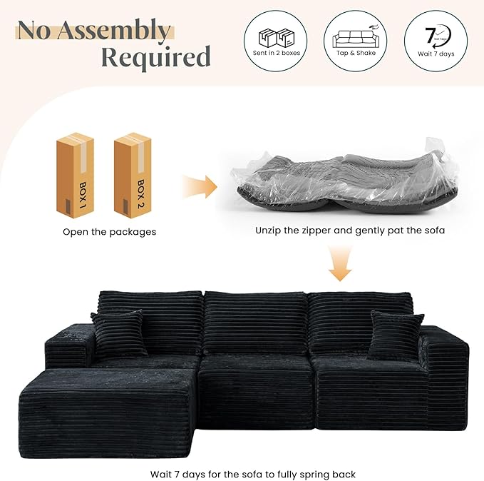 MODNEST 108" Modular Sectional Sofa Cloud Couch with Deep Seats, L Shape Couch with Chaise and Movable Ottoman, Sectional Couches for Living Room, Comfy Boneless Couches No Assembly Required, Black
