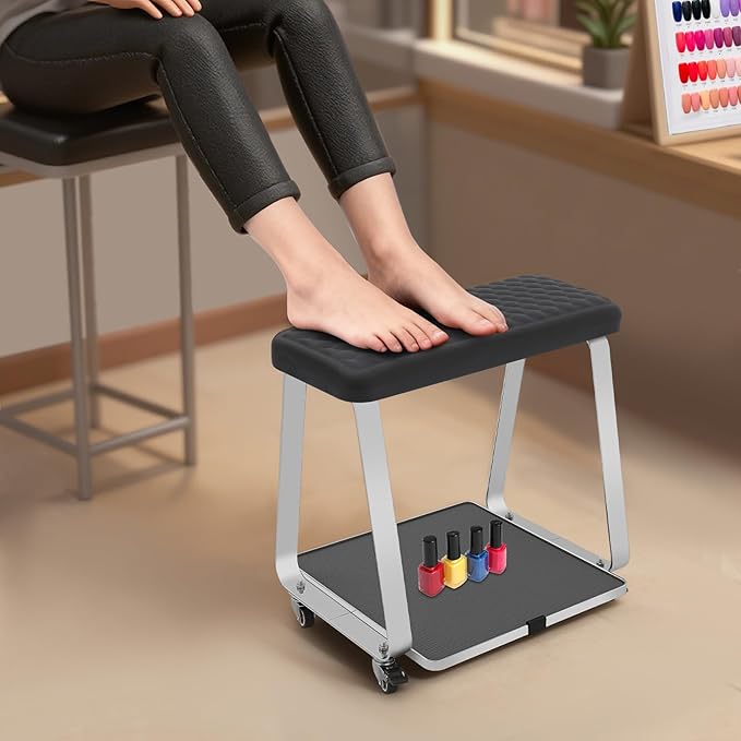 Pedicure Foot Rest, Portable Nail Salon Footrest with Organizer Tray, 110LBS Load Capacity, Lockable Casters for Beauty Nail Salon, Spa, Home, Clinic (Black)