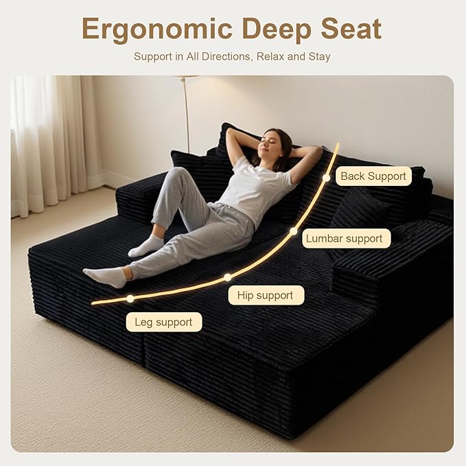 Oversized Double Chaise Lounge Chair Indoor, Upholstered 72'' Boneless Cloud Sofa Bed Sleeper Couch Loveseat, No Assembly Faux Rabbit Fur Memory Foam Reading Chair for Living Room Bedroom Black