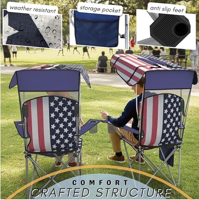 CozyBox Portable Folding Camping Chairs with Canopy Shade, Beach Chair for Adults, Durable Weather Resistant 600D Oxford Cloth, Camping Chair with Canopy for Outdoors [Flag-2 Pack]