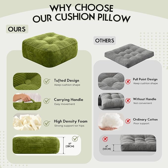 11In Washable Floor Pillow for Adults, Yoga & Meditation Cushion with Handle, Square Large Pillows Seating with Removable Tufted Corduroy Cover for Tatami Living Room Board Games, Green