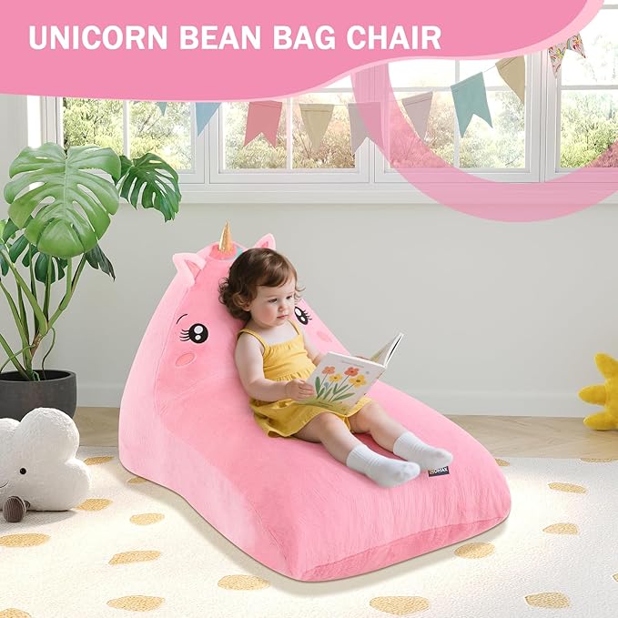COMAX Unicorn Bean Bag Chairs for Kids, Large Kid Beanbag Chair with Filler, Big Toddler Lounge Bean Chair, Children Lazy Floor Lounger for Girls Boys, Pink