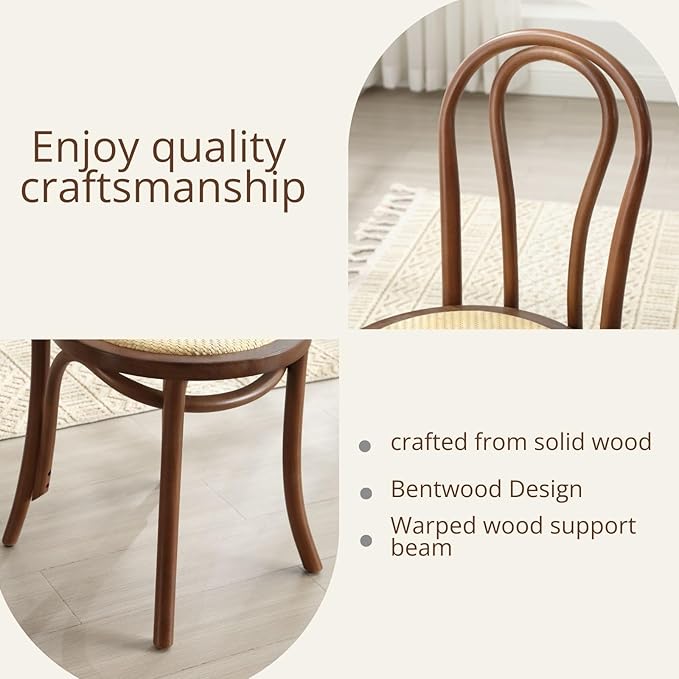 DM Furniture Bentwood Dining Chairs Set of 4 Mid-Century Modern Rattan Kitchen Chairs with Backrest, Armless Curved Wood Bistro Chair for Dining/Kitchen Room,Home No Assembly Required, Walnut Wood