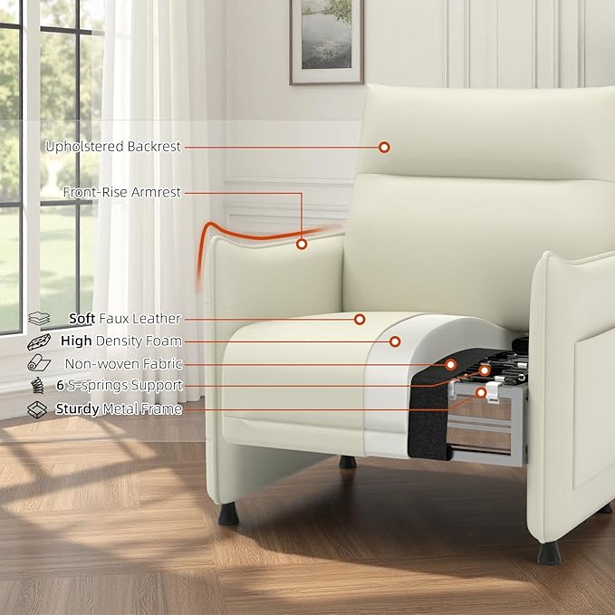 Upholstered Accent Sofas Set of 2, Modern Faux Leather Sofa Chairs with Hidden Foldable Tray & Side Pocket, Front Contour Arm Design, Small Accent Sofas for Small Spaces, Beige