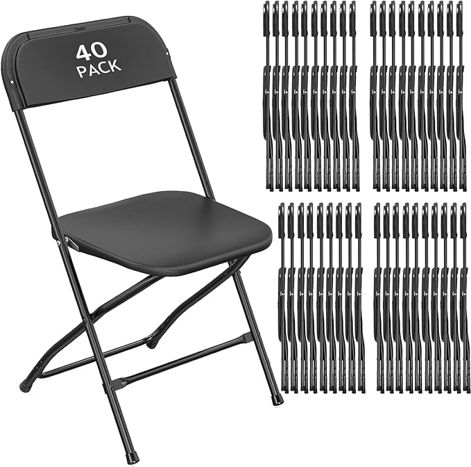40 Pack Black Plastic Folding Chair, Indoor Outdoor Portable Stackable Commercial Seat with Steel Frame 350lb. Capacity for Events Office Wedding Party Picnic Kitchen Dining