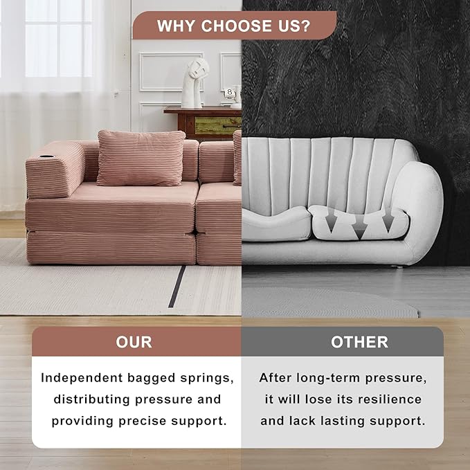 118" Oversized Convertible Floor Sofa Bed, Boneless Foldable Mattress Cloud Couch with Pillow Back & Armrest, Fold Out Floor Couch with Cup Holder for Living Room Bedroom Lounge, Corduroy, Pink