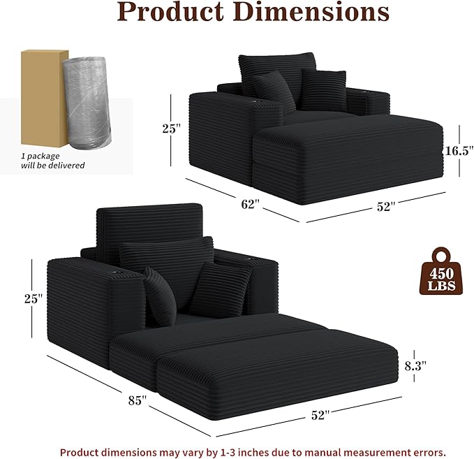 Gericco 52" Boneless Chaise Lounge Chair Indoor — Oversized Cloud-Like Cozy Comfy Modular 3-in-1 Sofa Bed for Reading, Living Room & Bedroom Corduroy Couch Sleeper, Black