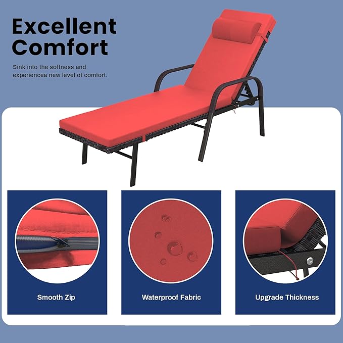 Trumbeak Patio Chaise Lounge Set 3 Pieces Pool Lounge Chairs,Cushioned Outdoor Folding Lounge Chair w/Arm and Rattan Adjustable Backrest for Poolside Porch,Folding Table Included,Red