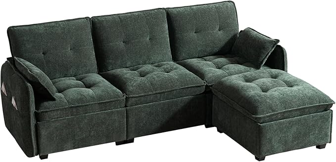 PALLOME 96" Modular L-Shaped Sofa - 3-Seat Cloud Couch with Movable Ottoman, Extra Deep Seat Sofa Couch with Throw Pillows for Living Room & Small Spaces (Green, 3-Seat + Ottoman)