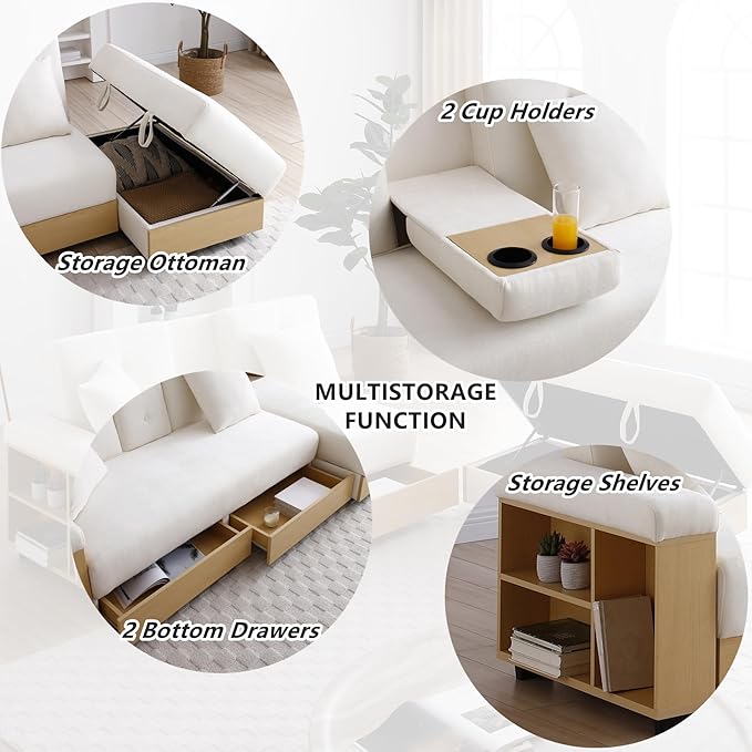 Roockky Convertible Sofa Bed, 85" Folding Sectional Sleeper Sofa with Storage Ottoman, Drawers, Built-in Bookshelves and 2 Cup Holders, Linen (Beige)